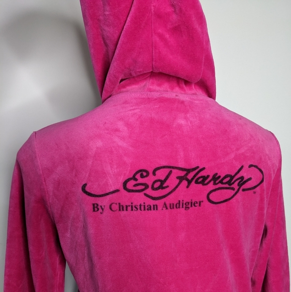 Ed Hardy Y2K pink velvet rhinestone heart wings flowers zip up hoodie L - Picture 7 of 11